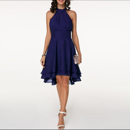 EP | Robe Femme Elégante Halter Sans Manches Coupé Multi-couches Robe Midi