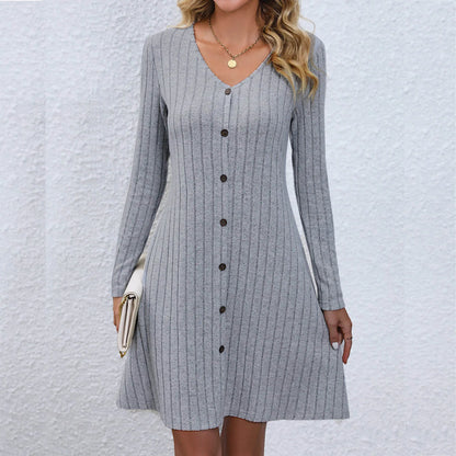 EP | Robe midi chic avec décolleté en V et taille boutonnée, manches longues, couleur unie
