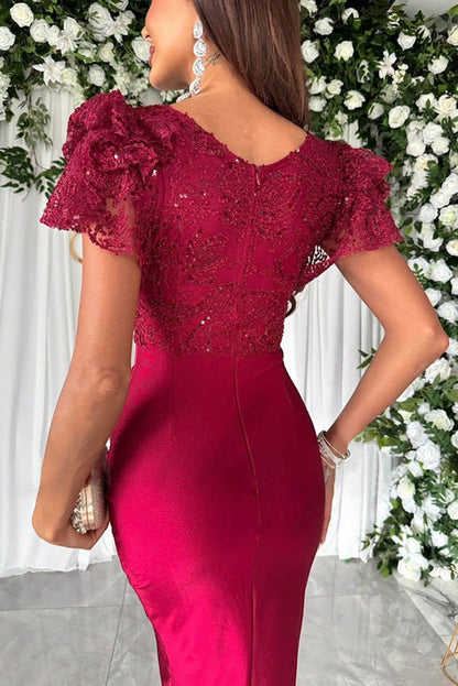 EP | Dreamy dentelle de luxe et de satin à volants manches ruchées robe midi