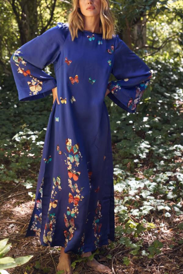 EP | Imprimé Papillon Bleu Marine Robe Longue Manches