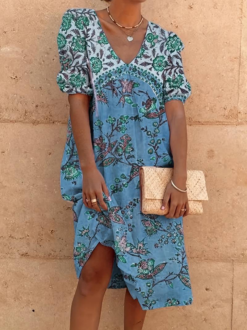 EP | Abida Robe multicolore à manches bouffantes et décolleté en V
