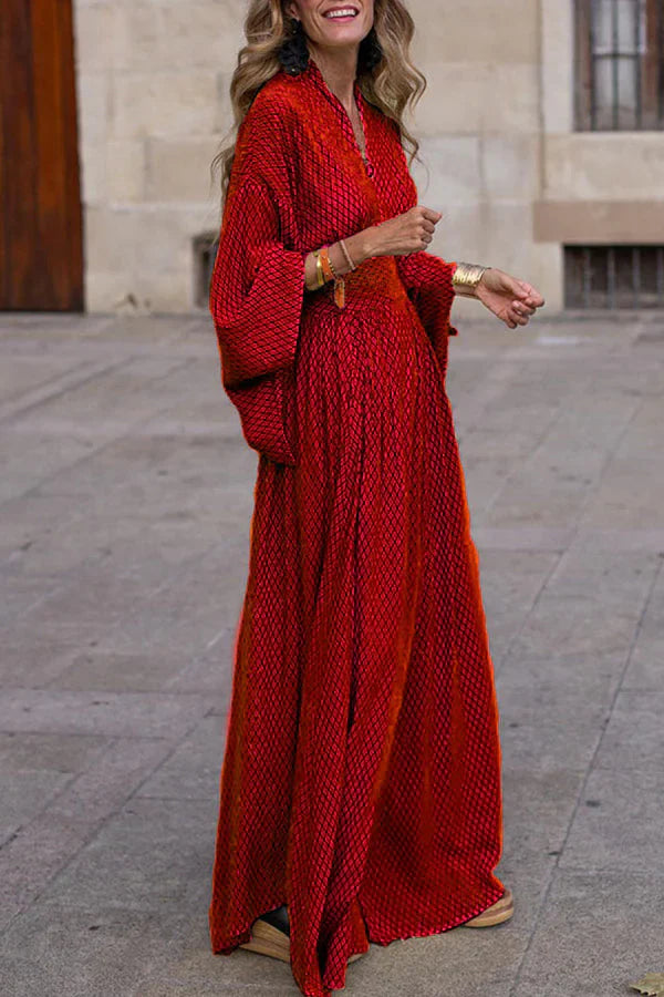 EP | Maxi Vestido Manga Larga Cuello V Estampado Geométrico