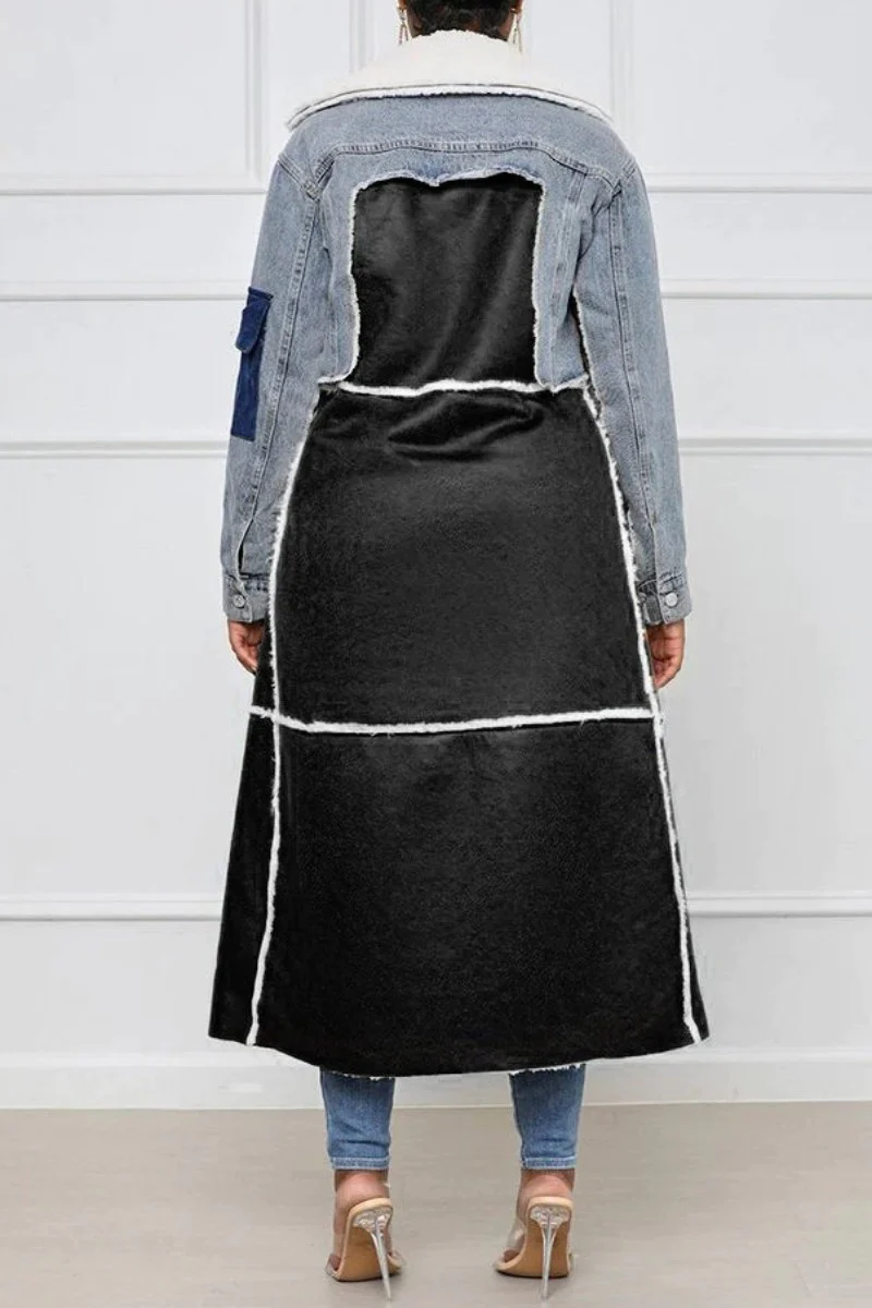 EP | Manteau en peau d'agneau denim décontracté avec col en fausse fourrure rabattable et ceinture