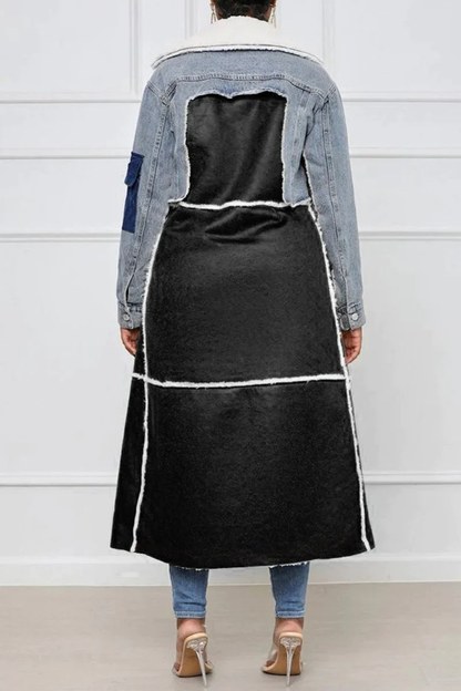 EP | Manteau en peau d'agneau denim décontracté avec col en fausse fourrure rabattable et ceinture