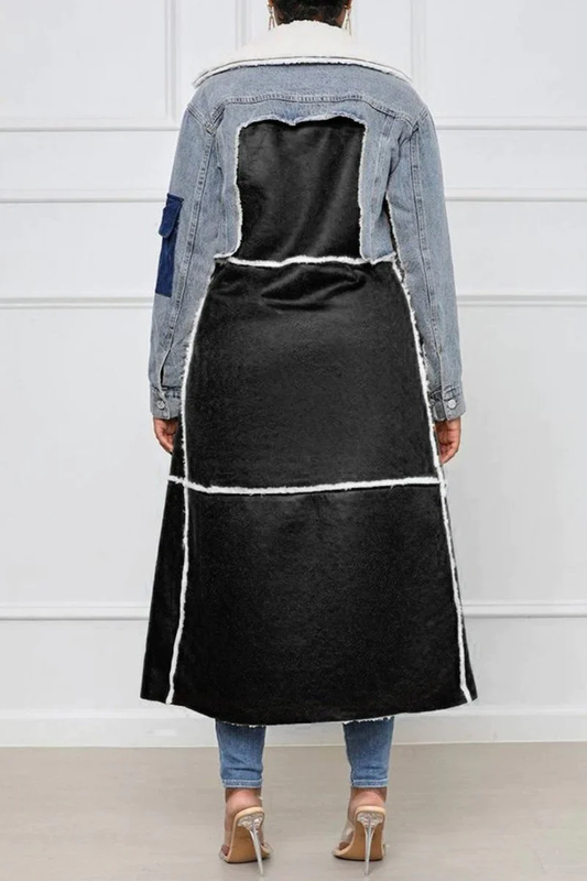 EP | Manteau en peau d'agneau denim décontracté avec col en fausse fourrure rabattable et ceinture