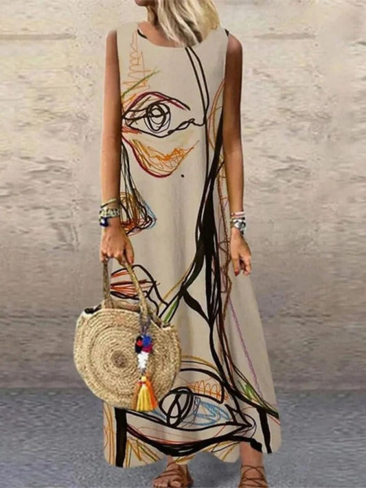 EP | Robe midi sans manches pour femmes - Imprimé abstrait - Coupe décontractée - Fibres naturelles