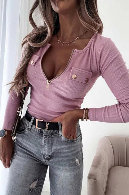EP | Zipper Neck Button Ribbed Long Sleeve