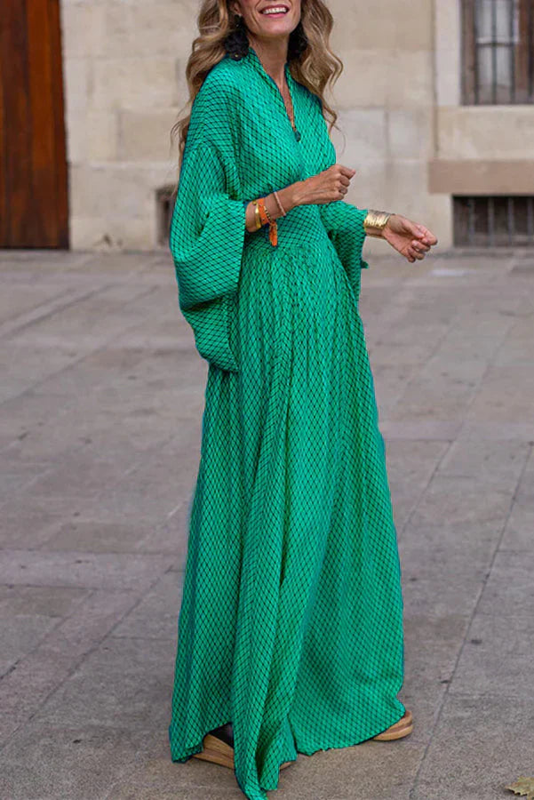 EP | Maxi Vestido Manga Larga Cuello V Estampado Geométrico