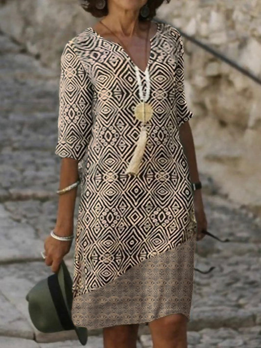 EP | Géométrique Imprimé Boho Décolleté V Manches Courtes Robe Midi Tissée