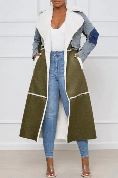 EP | Manteau en peau d'agneau denim décontracté avec col en fausse fourrure rabattable et ceinture