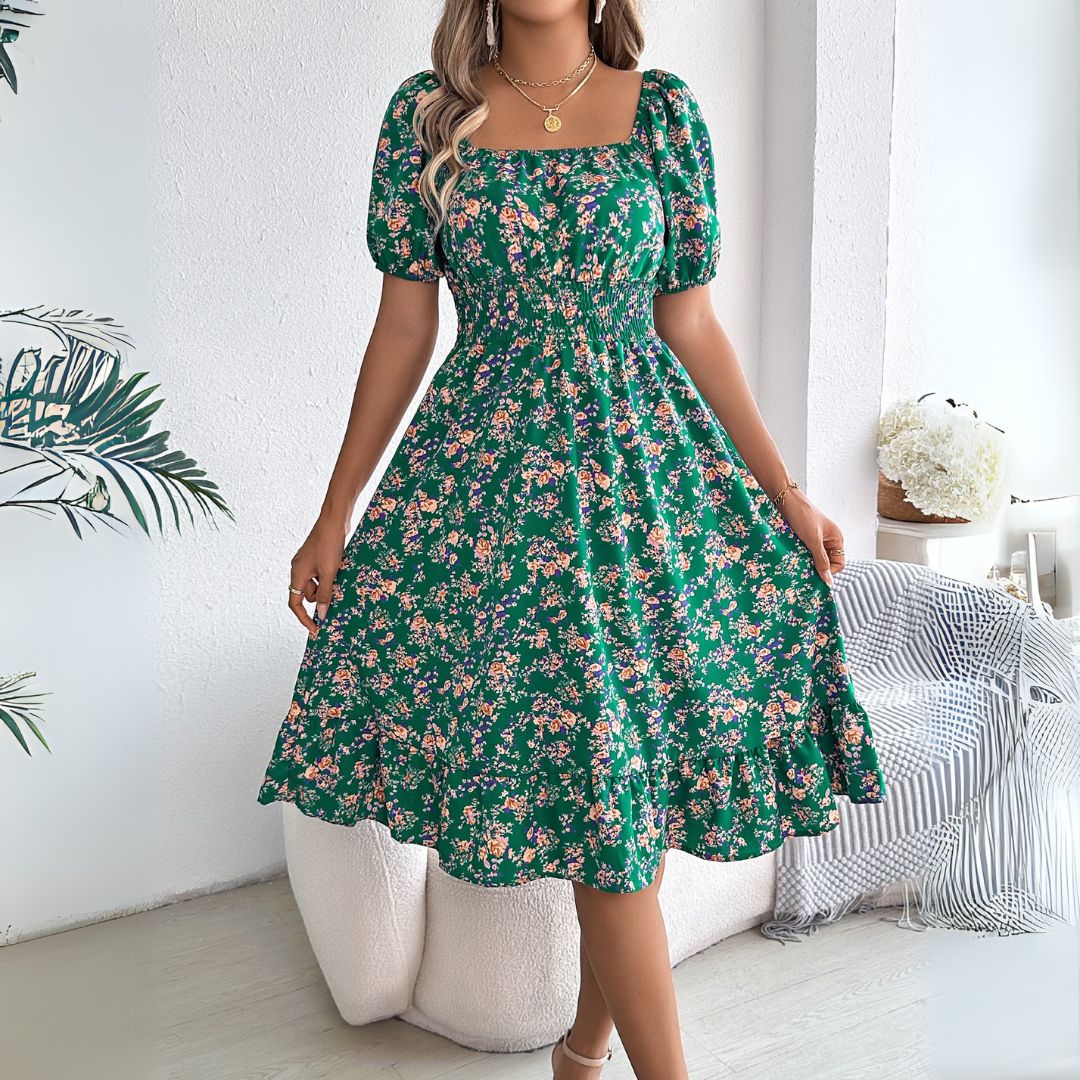 EP | Robe midi élégante à fleurs et manches bouffantes