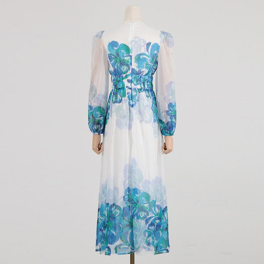 EP | Robe midi pour femme - Encolure en V - Taille smockée - Manches longues - Coupe légère et élégante