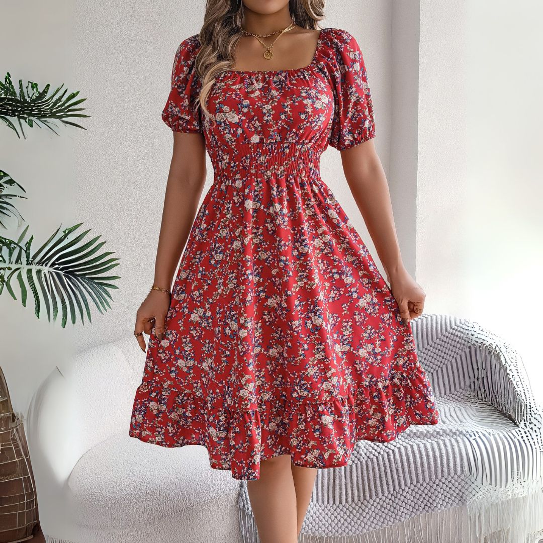 EP | Robe midi élégante à fleurs et manches bouffantes