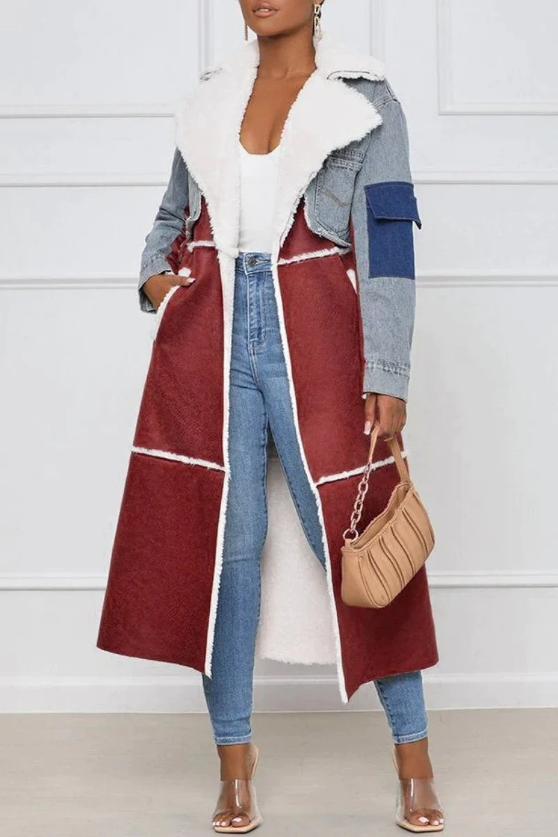 EP | Manteau en peau d'agneau denim décontracté avec col en fausse fourrure rabattable et ceinture