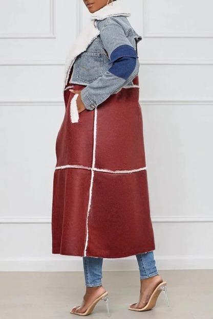 EP | Manteau en peau d'agneau denim décontracté avec col en fausse fourrure rabattable et ceinture