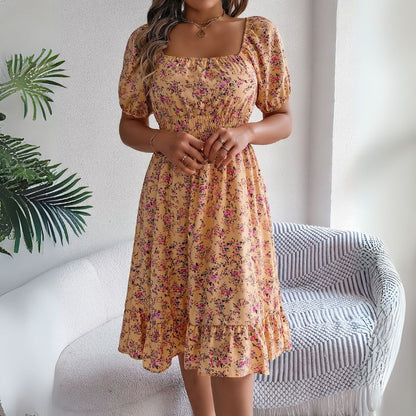 EP | Robe midi élégante à fleurs et manches bouffantes